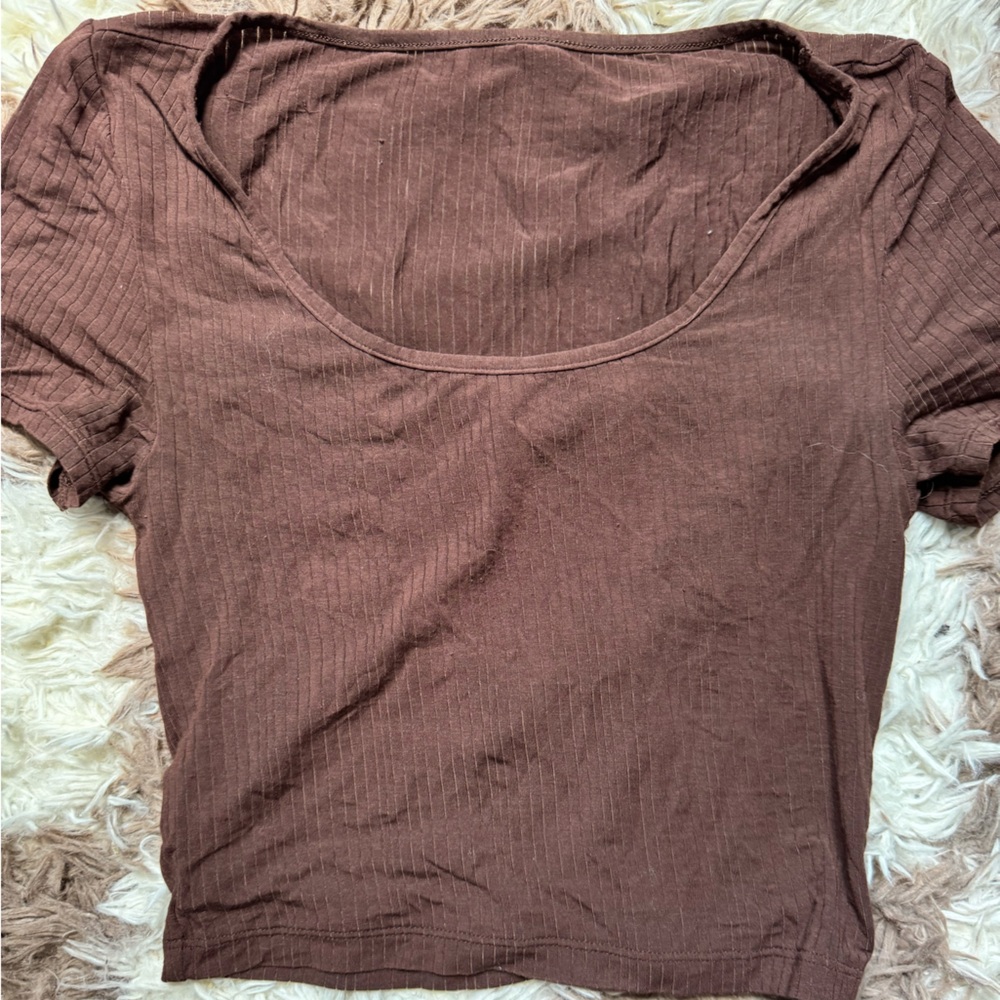 Aerie Superchill Brown Ribbed Short Sleeve T-Shirt